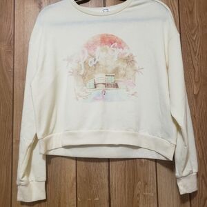 Kensie Pullover Pale Yellow Sweatshirt sz Lg Palm Springs Distressed